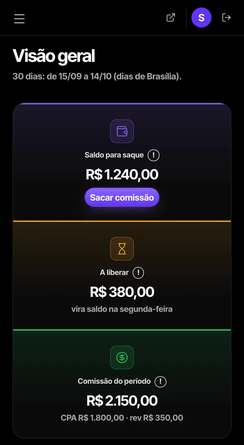 O painel do parceiro no celular: saldo para saque, a liberar e comissão do período